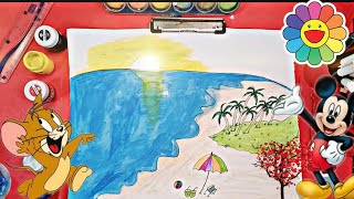 How to Draw Beautiful Sunset in the Beach Scenery Drawing🥇🎨