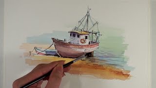 Pen and Watercolor : Boat on sea side