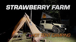 ASMR Camping in a Strawberry Farm with Hot Tent Comfort | Jimny