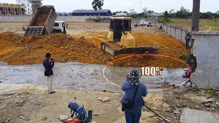 Excellent Technique Action.! Operator Skill DR51PX Dozer With Trucks Team Fill a large pond