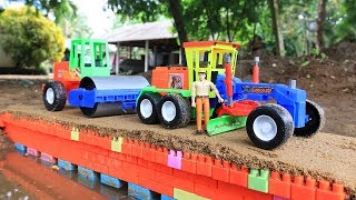 Building bridge with Grader, Truck, Excavator,Road Roller | Building blocks colore toys for kids