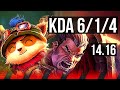 TEEMO vs DARIUS (TOP) | 6/1/4, 1000+ games | EUW Master | 14.16