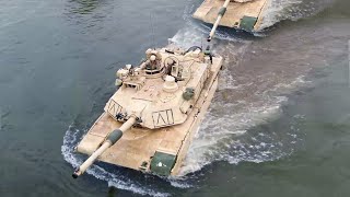 Convoy of Massive US M1 Abrams Tanks Jump in Middle of the Water
