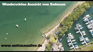 Wunderschöne Aussicht vom Bodensee Strand Boote und Wasser