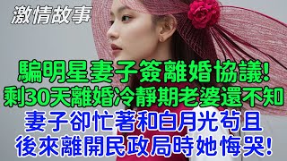 前妻被離婚她都不知道！我寧可凈身出戶也要離婚！騙明星妻子簽離婚協議，剩30天離婚冷靜期老婆還不知道，妻子卻忙著和白月光茍且，後來離開民政局時她悔哭！