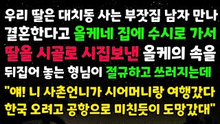 우리딸은 대치동 사는 남자만나 결혼한다고 딸을 시골로 시집보낸 올케의 속을 뒤집어 놓는 형님이 절규하는데 '니 시촌언니가 시어머니랑 여행갔다 한국오려고 공항으로 미친듯이..