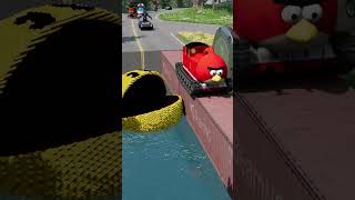 Giant Bollard Pushing Funny Cars Driving on Container Bridge into Pac-Man | BeamNG.Drive