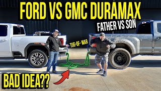 Ford F450 Dually Powerstroke VS Wrecked Rebuilt GMC Duramax | Father vs Son Tug