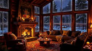 Winter Night in Cozy Room Ambience with Warm Jazz Music, Fireplace Sounds \u0026 White Noise for Relaxing