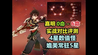 【原神】4星数值怪 嘉明：0~6命实战对比测评。0命输出媲美5星常驻C，有点离谱的，闲云队大将