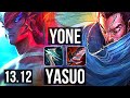 YONE vs YASUO (MID) | 9 solo kills, 1600+ games, Legendary, 13/2/4, 1.0M mastery | KR Master | 13.12