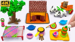 ❤️ DIY How To Make Polymer Clay Miniature House, Kitchen set, Bullock cart, Hand Pump, Tree