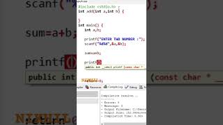 ADD TWO NUMBERS USING FUNCTION IN C LANGUAGE || #shorts #viral #programming