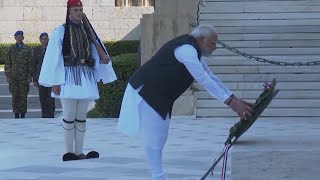 India's Modi lays wreath at unknown soldier monument in front of Greek parliament