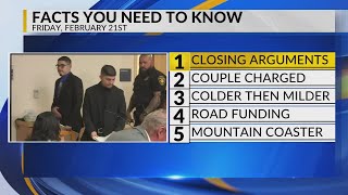 KRQE Newsfeed: Closing arguments, Couple charged, Cold then mild weather, Road funding, Mountain coa