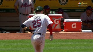 ATL@OAK: Healy leaves game in 2nd with back injury