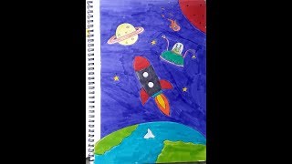Planet and Space drawing for Kids || How to draw Spaceship and Rocket