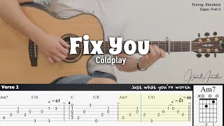 Fix You - Coldplay | Fingerstyle Guitar | TAB + Chords + Lyrics