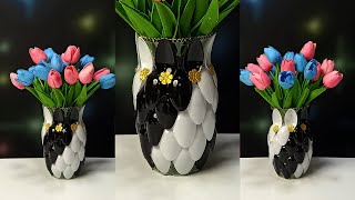 Black and White Flower Vase From Recycled Plastic Bottle | Plastic Spoon Craft Ideas Flower Vase