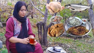 زندگی و آشپزی در روستا: سبزی پلو با ماهی و فیله مرغ سوخاری