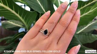 Pear Halo Black Spinel Bridal Set Scalloped Diamond Band Yellow Gold