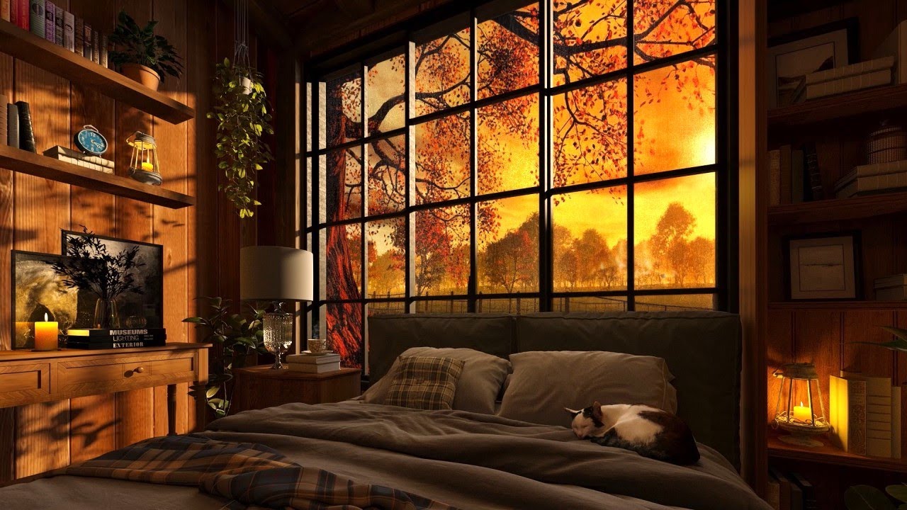 Cozy Autumn Nook Ambience | Fireplace | Rain Sounds & Thunderstorm | Cozy and Calm Fall