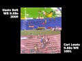 Usain Bolt vs Carl Lewis 100m - Bolt 9.58s & Lewis 9.86s - Split Screen Video Comparison