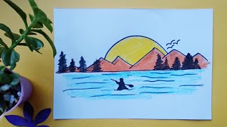 How to draw easy scenery // Riverside scenery drawing