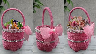 Making a basket from an empty bottle and woolen thread | Craft idea | Vase | Christmas | Home Decor