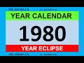 1980 calendar + map of solar and lunar eclipses in the world