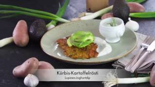 Kürbis Kartoffelrösti mit Lupinen Joghurtdip