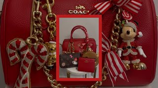 Coach Bold Red Rowan and Snap wallet unboxing + Dress up my purse with me for Christmas