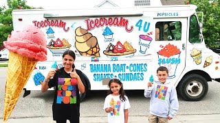 Kids Buy Ice Cream from Ice Cream Truck. Heidi pretends to play with trucks for the children