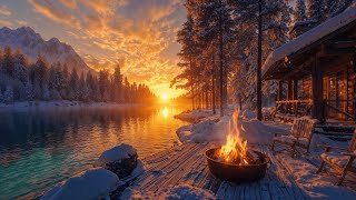 Winter Cabin in a Forest Riverside: Cozy Campfire \u0026 Nature Sounds for Relaxation and Peace