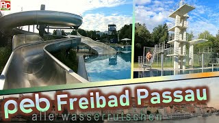 peb Passau Freibad - Impressionen (alle Rutschen, Becken, Sprunganlage, Kleinkinderbereich)  4K 2021