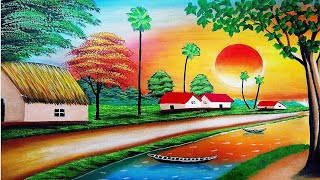 sunset scenery painting/ sunset drawing / village sunset scenery/Acrylic Painting
