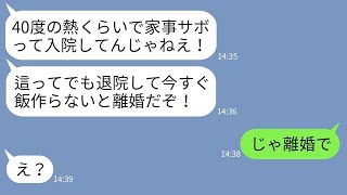 【LINE】40度の熱で緊急搬送されて入院中の妻にキレて家事を強要する自己中夫「今すぐ退院して飯つくれ！」→我慢の限界の嫁がクズ夫にある事実を伝えた時の反応がwww