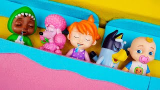 Ten in the Bed Song | Pretend Play with CoComelon, Bluey \u0026 Peppa Pig Toys | Nursery Rhymes for Kids