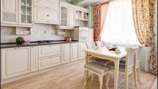 Interior design of a beige kitchen in Provence style