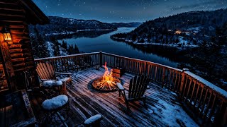 Cozy Winter Campfire on a Snowy Deck | Relaxing Lakefront View with ASMR Nature Sounds