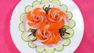 Simple Carrot & Radish  Rose Flower Garnish with Egg Plants & Cucumbers Sliced Decorations