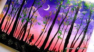 Beautiful Moonlight Scenery Painting | Acrylic Painting Tutorial