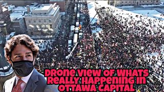 Drone View Of Thousands Of Truckers Protesting On Parliament Hill Ottawa Capital DAY 2