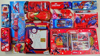 ultimate spiderman toy collection, unboxing collection of pencil case, unicorn pen, eraser, pouch