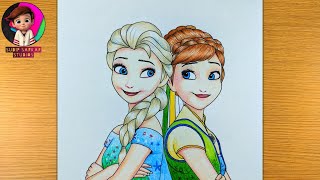 How to Draw ANNA & ELSA From Frozen Fever  - Step by Step (Easy Way) | Colored Pencil Sketch