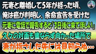 【感動する話】元妻と離婚して5年経った頃、俺は癌が判明し余命宣告を受けた→元妻に電話で報告すると「3日後に来てほしい」久々の対面も儘ならず向かった場所で、妻が指さした先には見知らぬ…