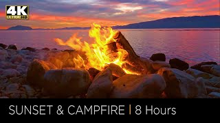 8 Hours of Relaxing Campfire by a Lake at Sunset in 4k UHD, Stress Relief, Medit