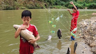 Bac uses many small bamboo trees as fishing rods and plastic bottles as floats t