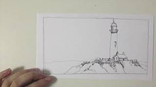 Drawing  the lighthouse landscape with ink and watercolour