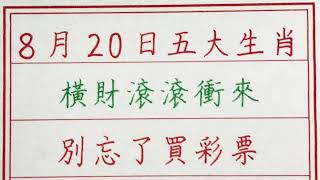 老人言：8月20日，五大生肖橫財滾滾衝來，別忘了買彩票 #硬笔书法 #手写 #中国书法 #中国語 #书法 #老人言 #派利手寫 #生肖運勢 #生肖 #十二生肖